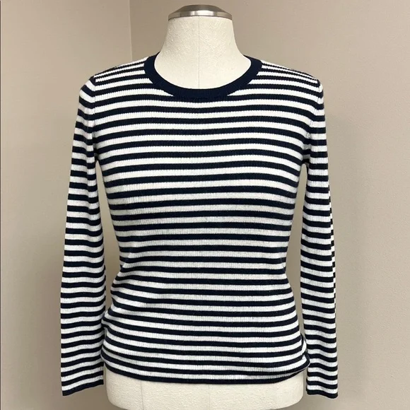Loft wool blend nautical navy blue white striped crew neck long sleeve sweater M - Picture 2 of 8